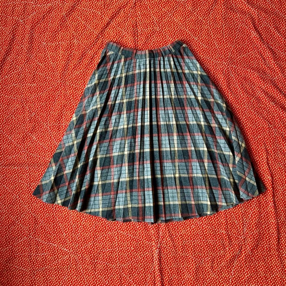 Vintage 70s Plaid Pleated Midi Skirt Gray Red Yellow Wool Blend Twee Indie